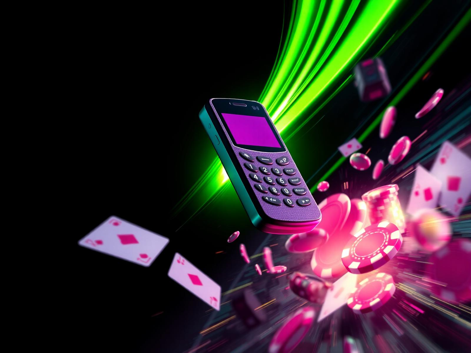 A feature phone launching casino chips and cards through neon-green energy trails